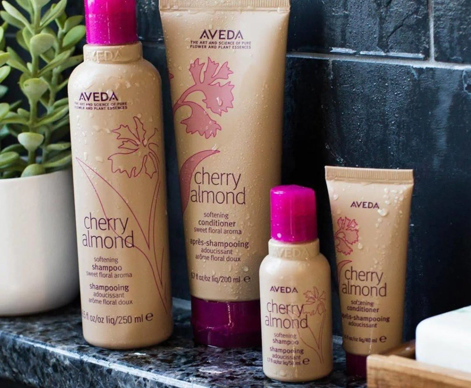 Four Aveda Cherry Almond hair care products on a dark shower shelf, with a plant in the background.