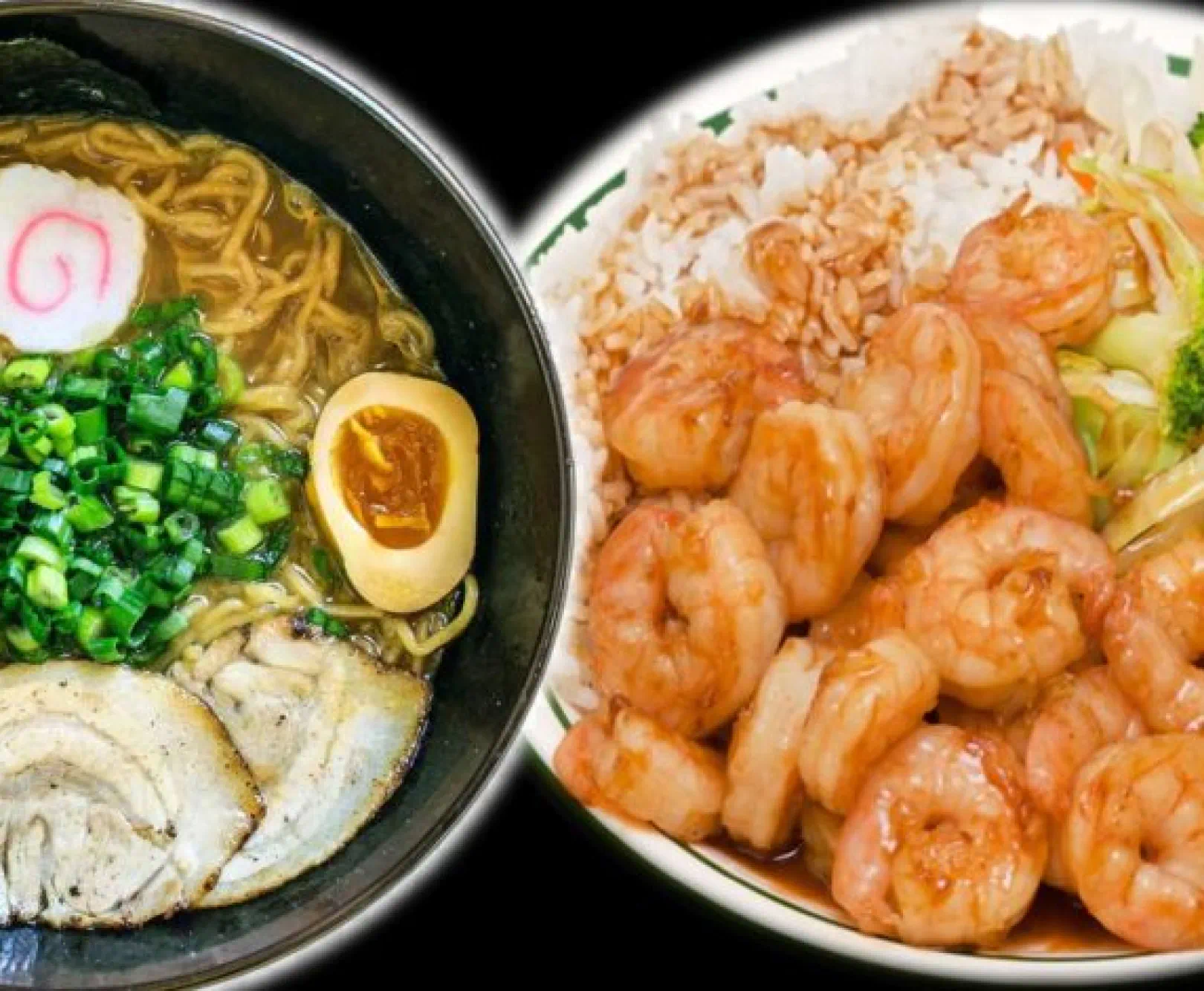 Bowl of ramen with toppings and a plate of shrimp stir-fry with rice and vegetables.