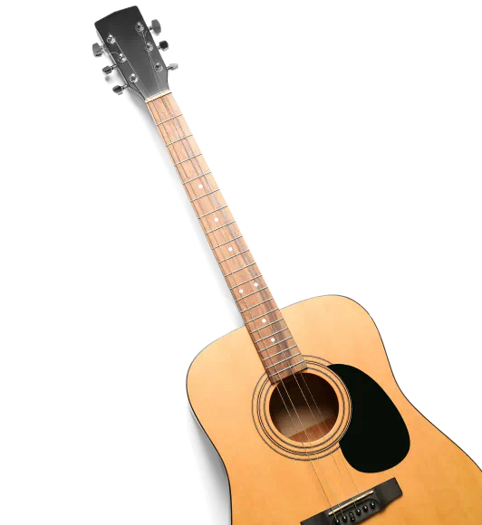 A brown acoustic guitar with black accents, the bottom of the guitar is partially offscreen