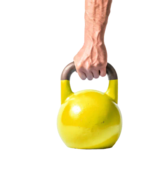 A hand holding a yellow kettlebell.