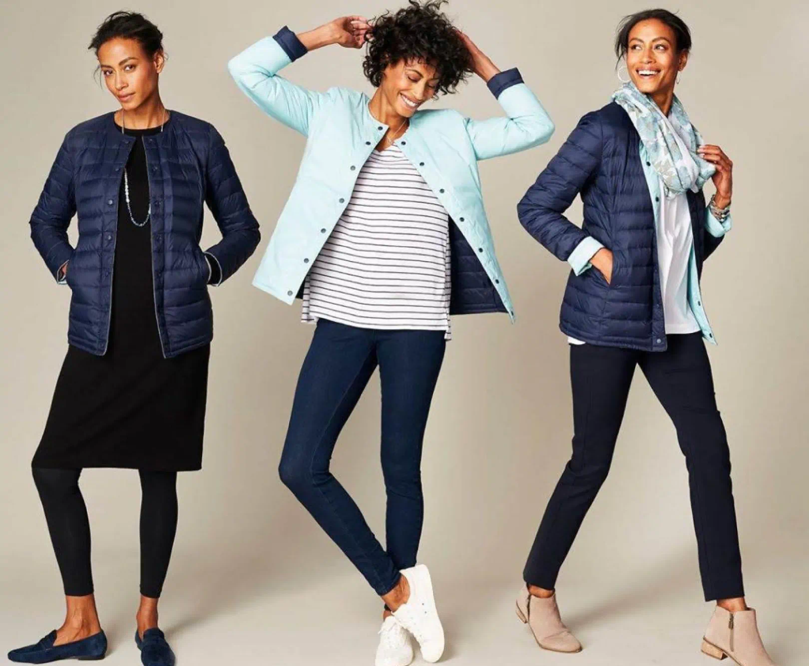 A woman posing in quilted jackets, displaying different casual outfits; navy blue jackets on the left and right, light blue jacket in the center.