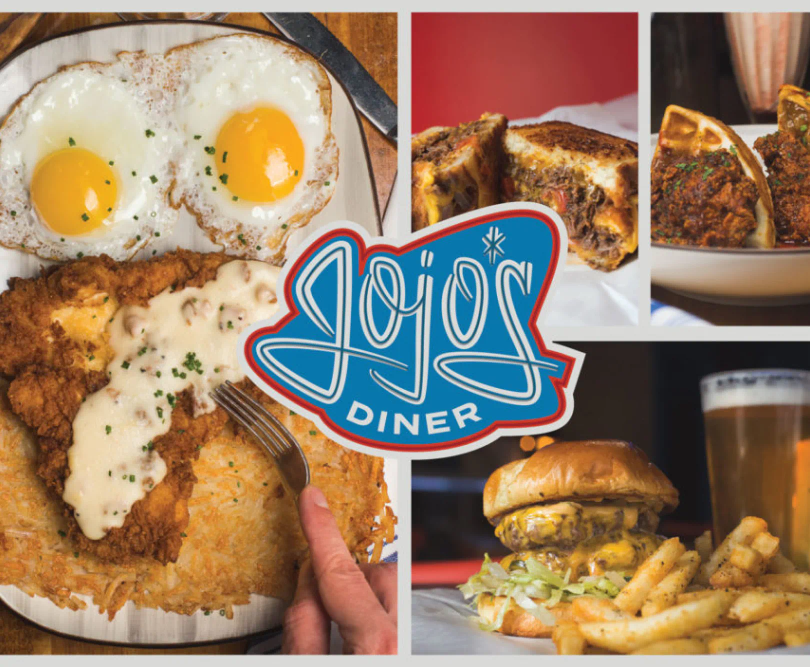 Jojo's Diner logo surrounded by images of sunny-side-up eggs, grilled cheese sandwiches, a fried chicken dish, a cheeseburger with fries, and a glass of beer.