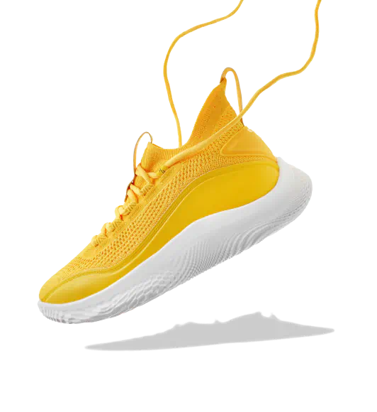 Bright yellow running shoe with a white sole and lose laces.