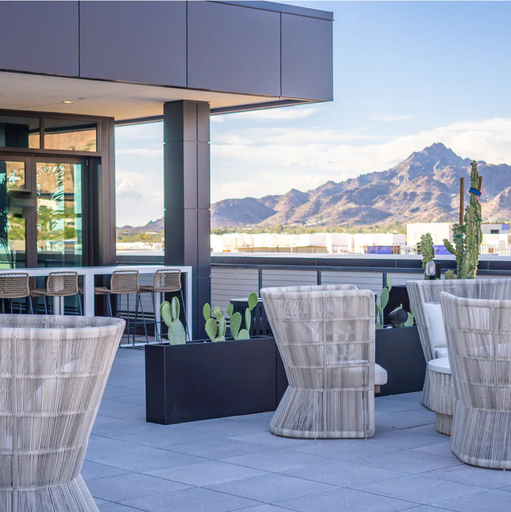 Rooftop patio with modern furniture, cacti planters, bar area, and mountain view.