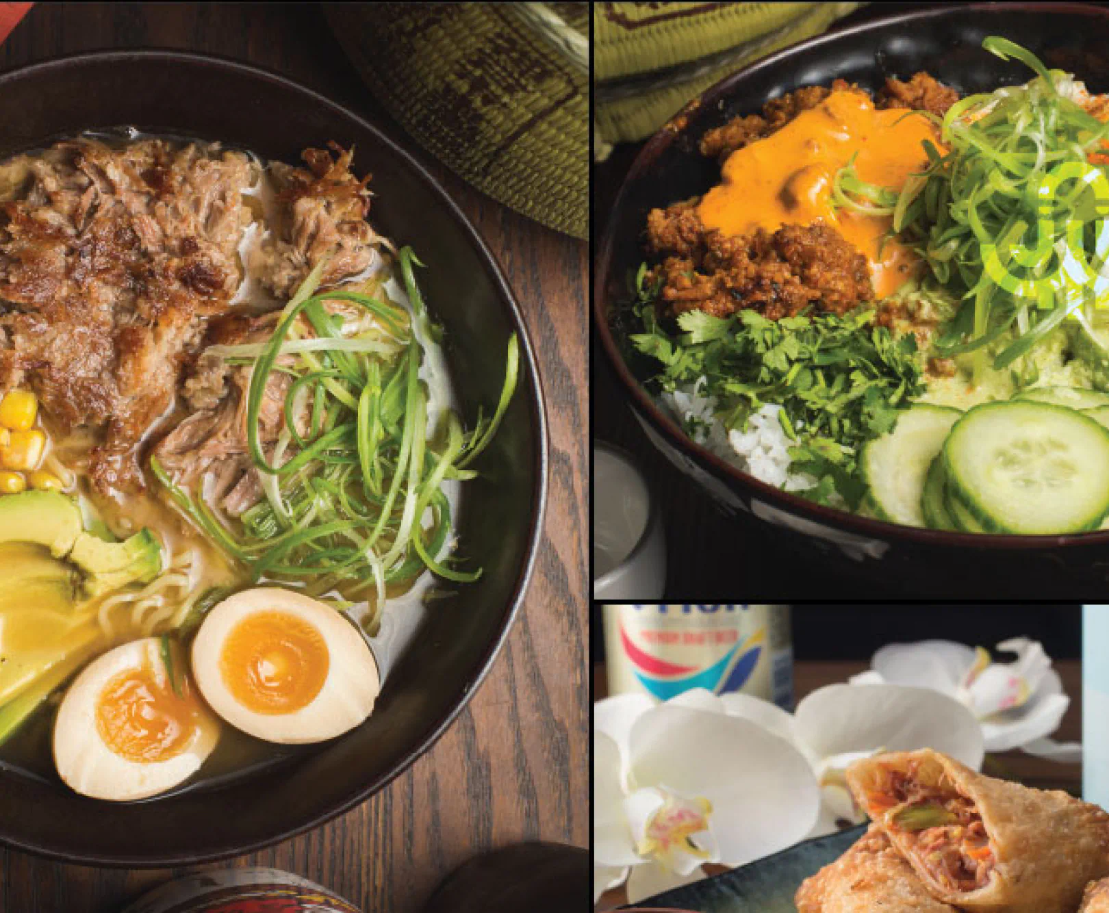 Three photos showing off some tonkotsu ramen, a rice bowl, and egg rolls.