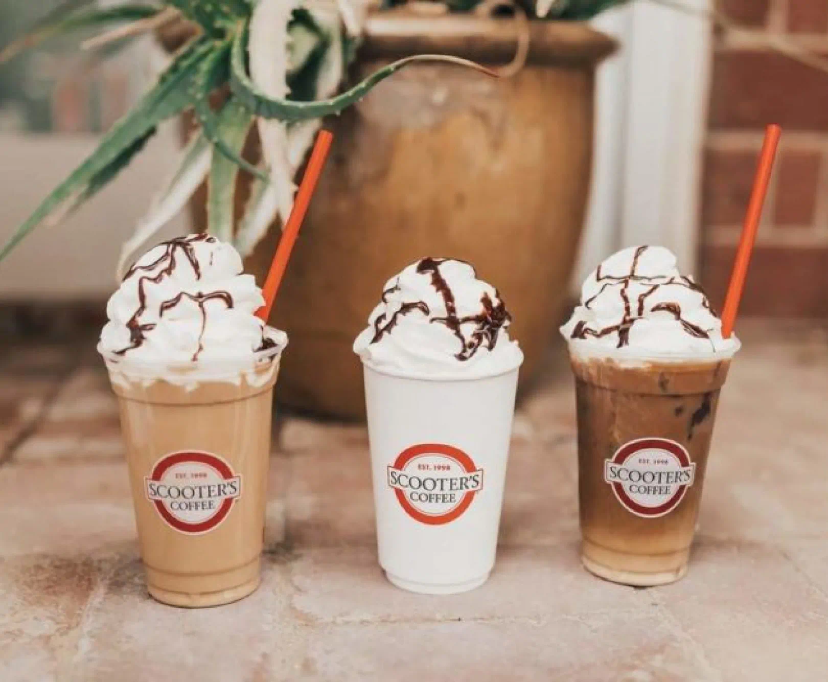 Three coffee drinks from Scooter's Coffee sit in a brick surface. Each topped with whipped cream and drizzled with chocolate.